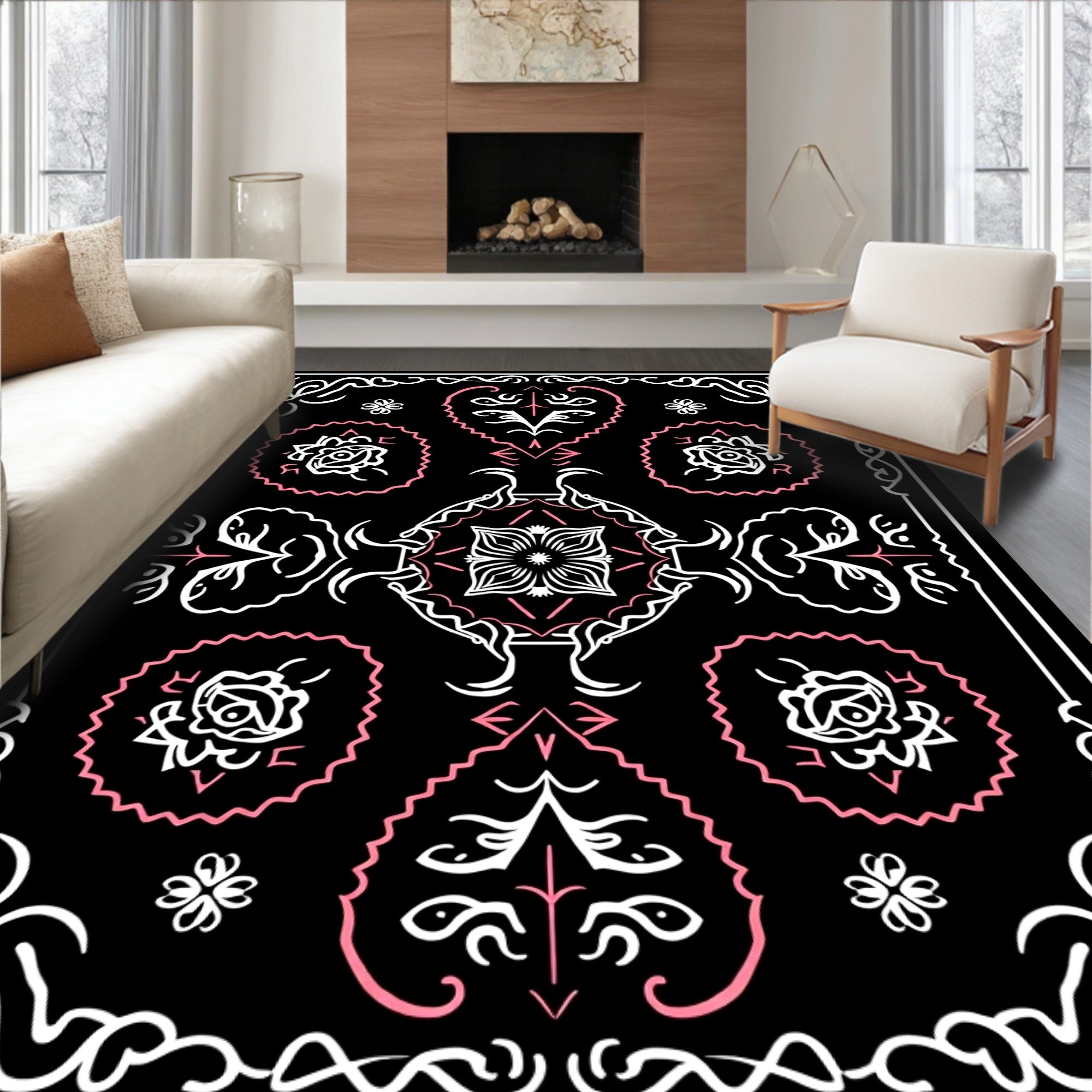 Black White Floral Scroll Rug