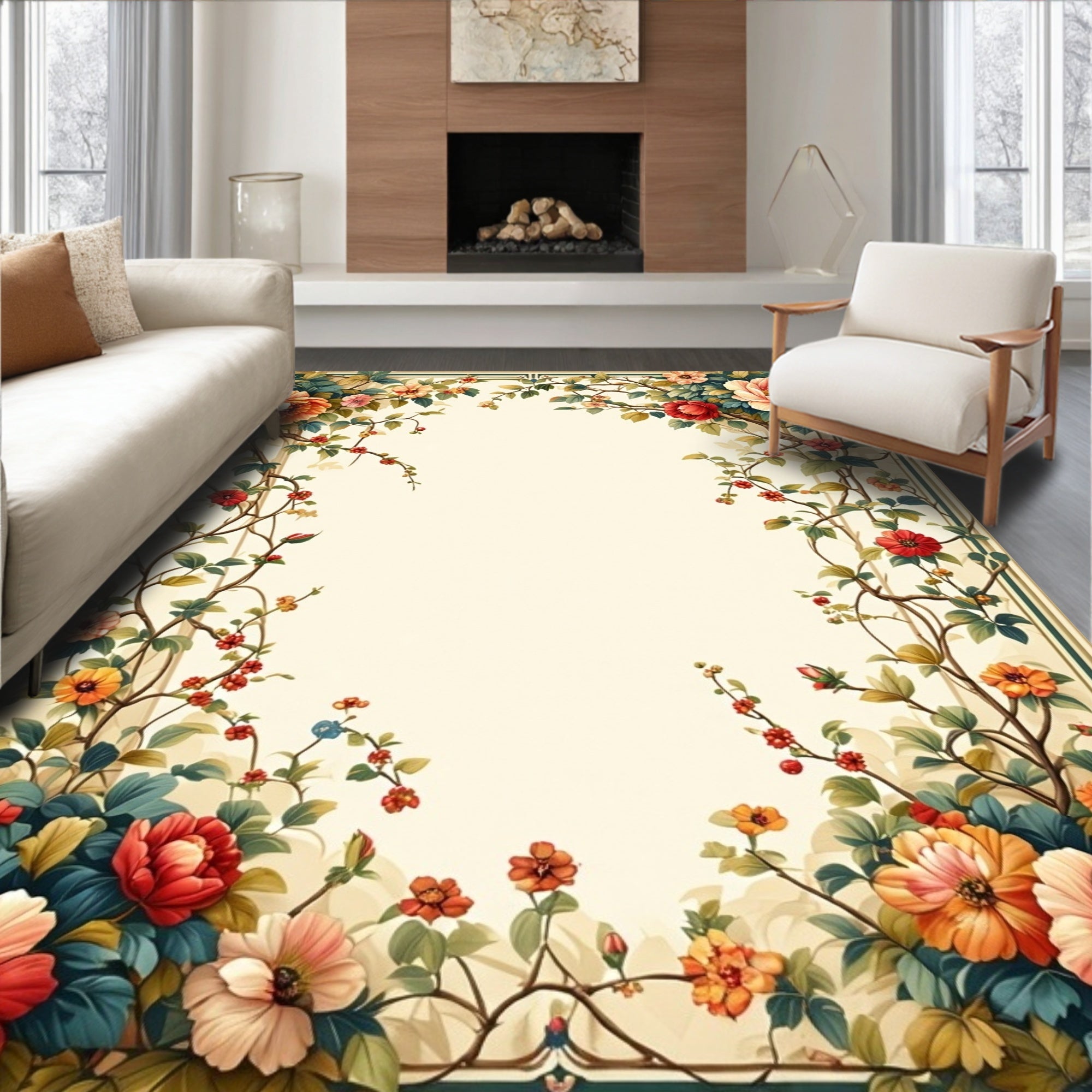 Elegant Floral Vine Botanical Design Rug