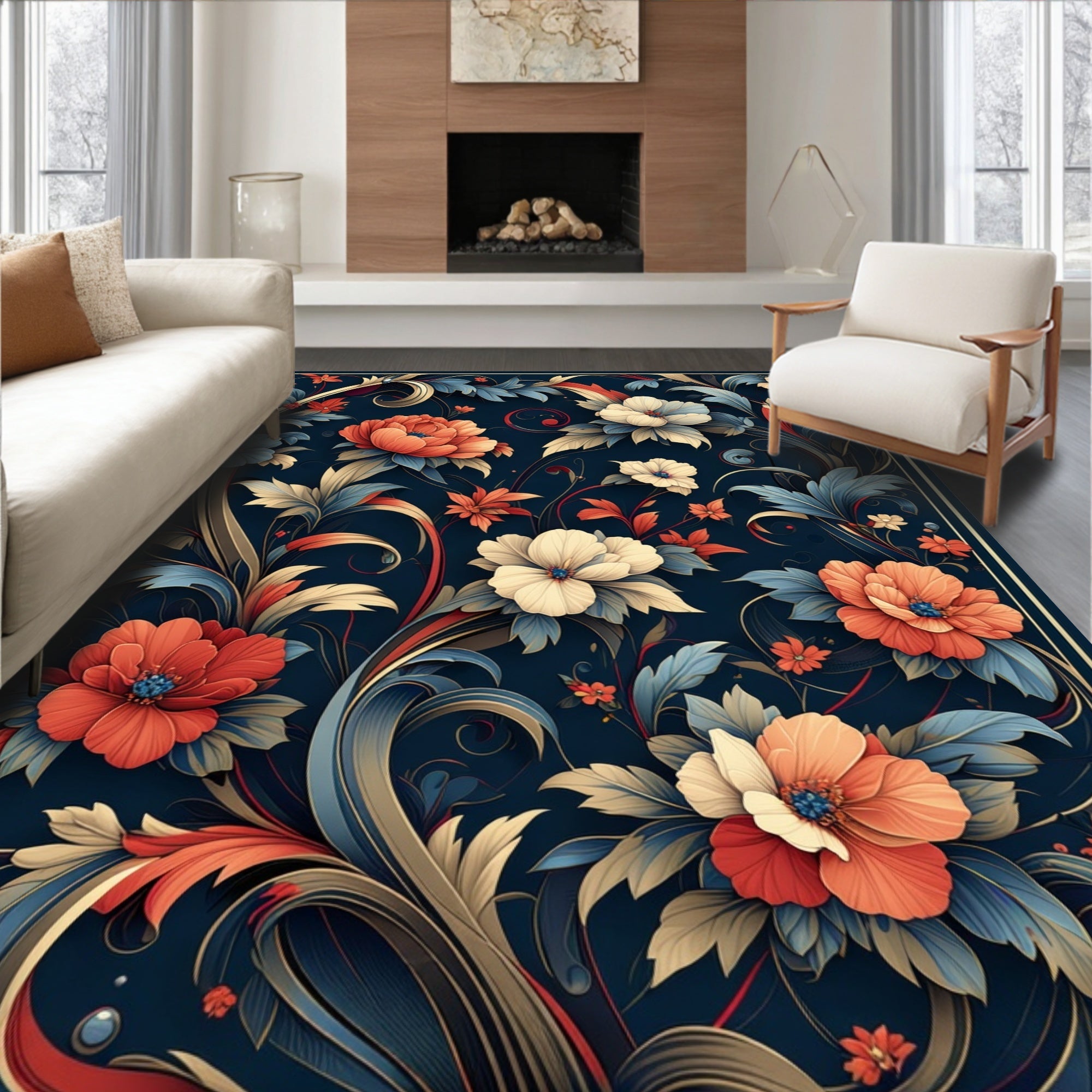 Vintage Floral Scroll Pattern Rug