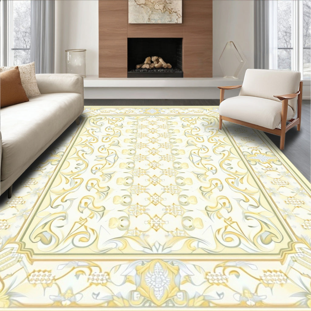 Creamy Yellow Ornate Scroll Pattern Rug