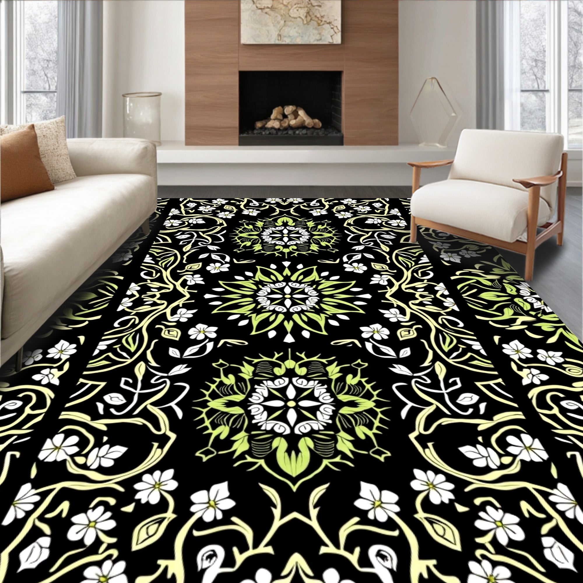 Black Floral Mandala Pattern Rug