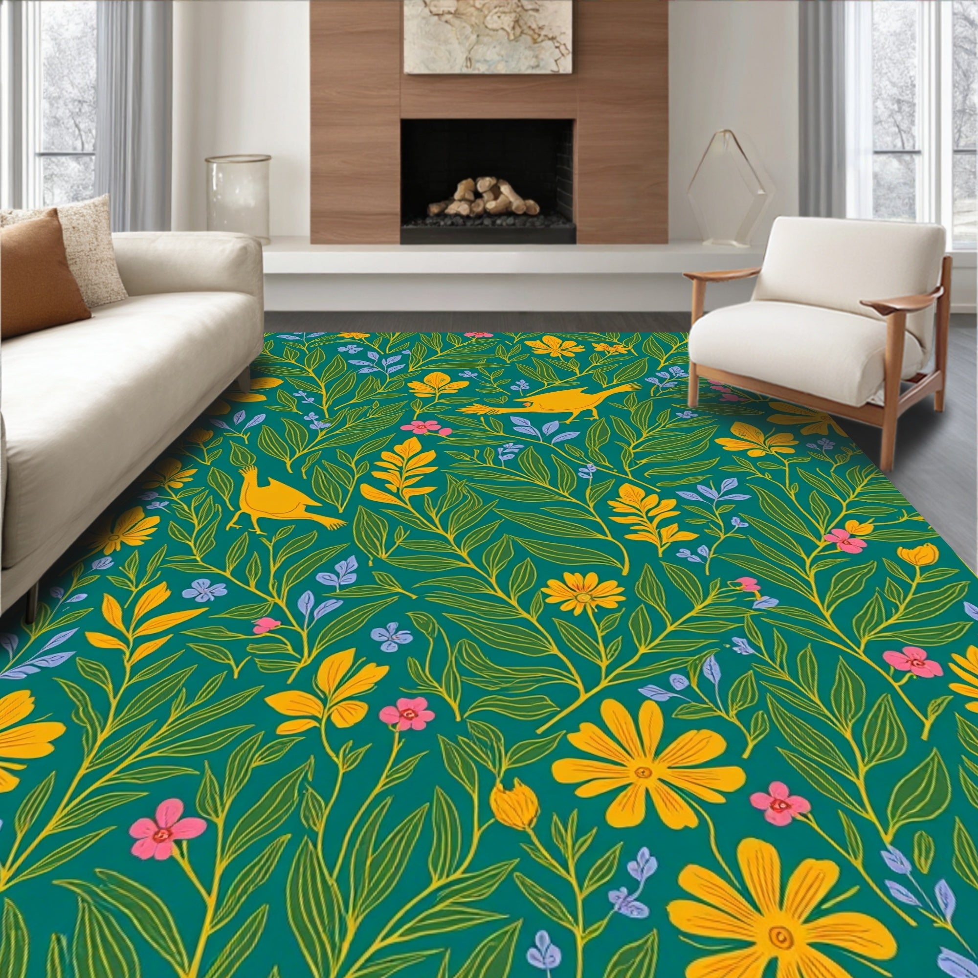 Golden Birds Botanical Garden Pattern Rug