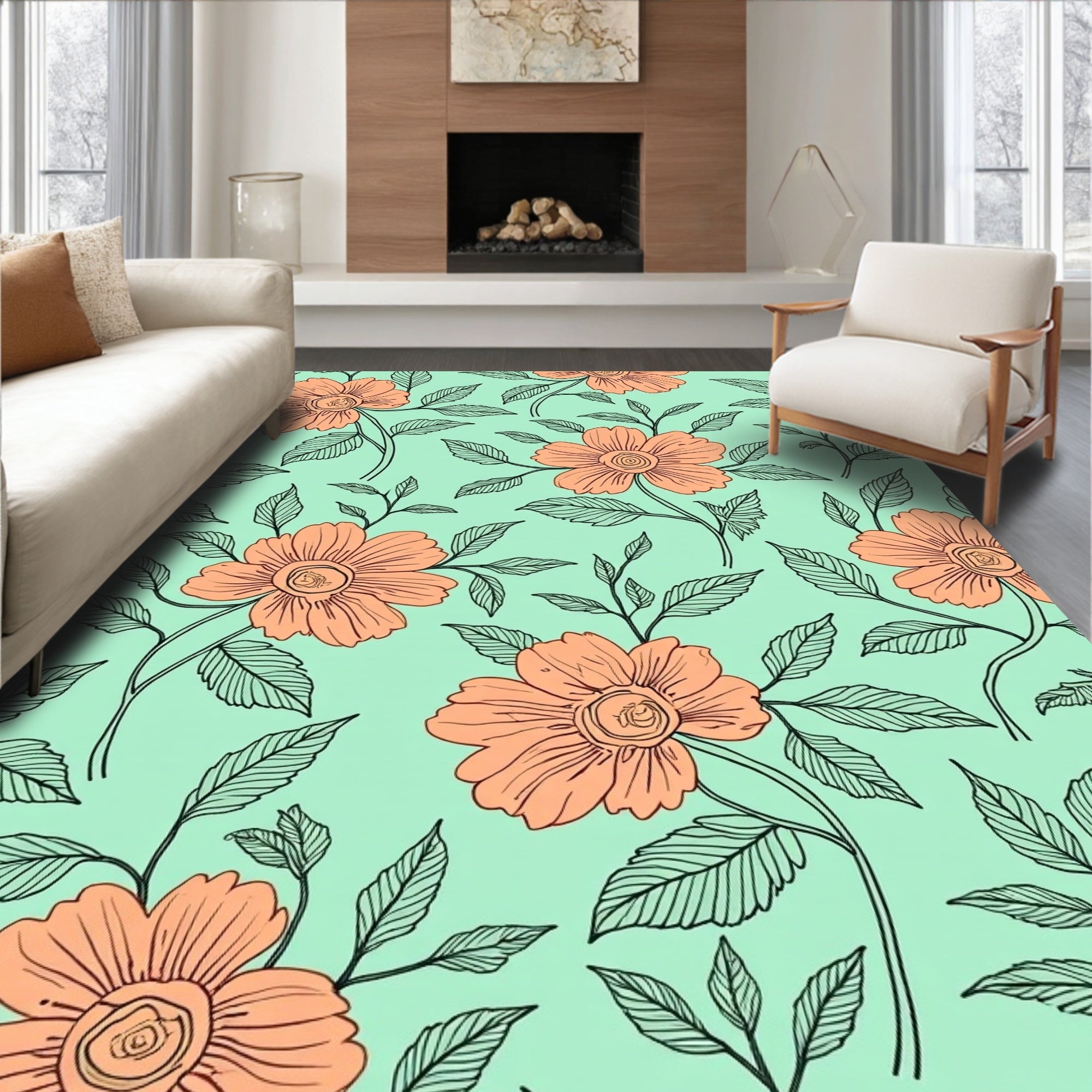 Peachy Floral Vine Pattern Rug