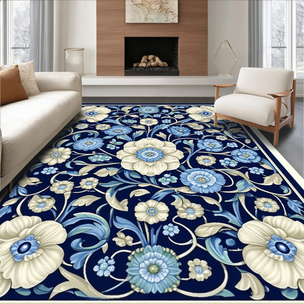 Floral Scrollwork Blue Ivory Design Rug