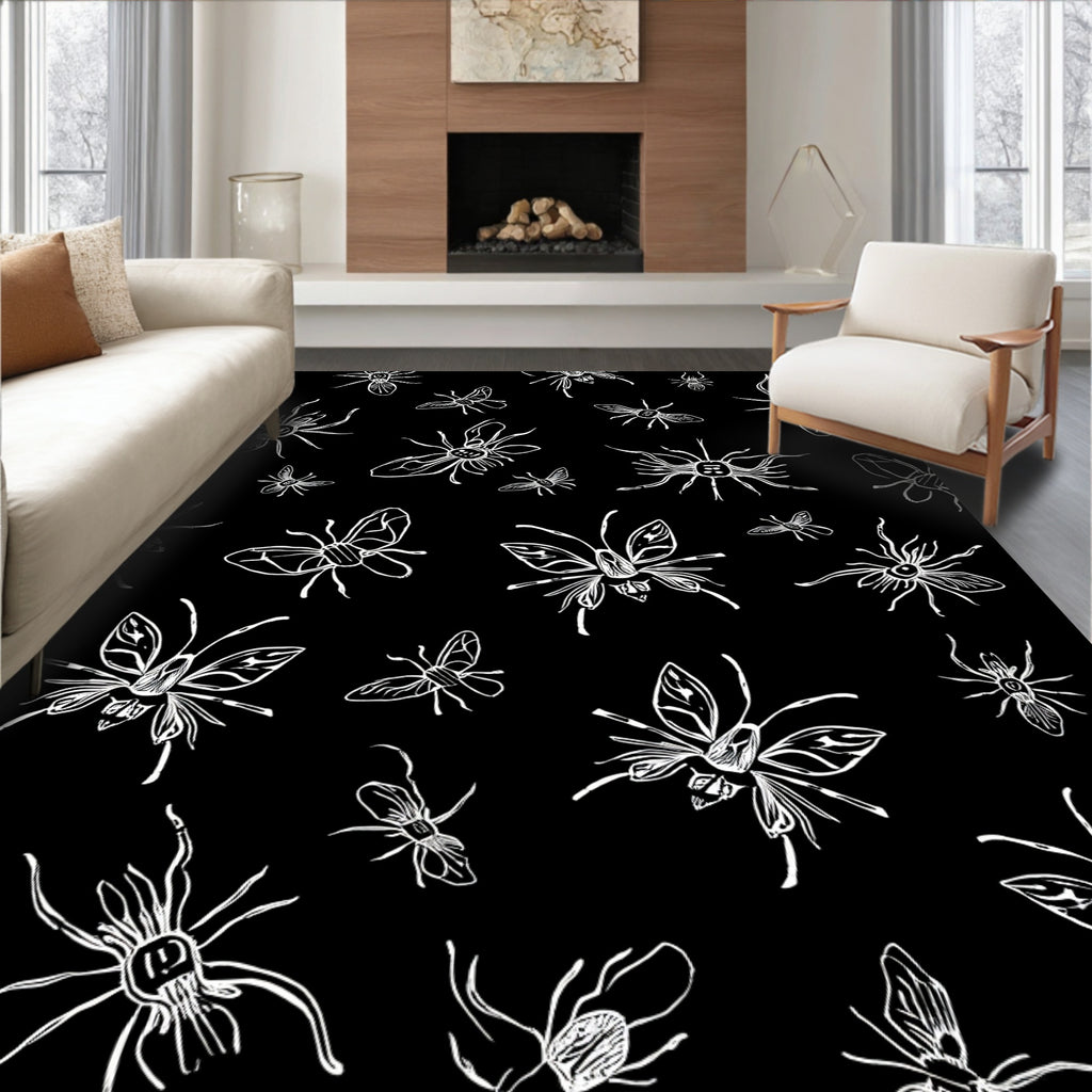 White Insects Sketch Pattern Rug