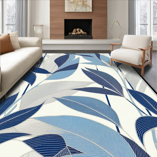 Abstract Blue Leafy Botanical Pattern Rug