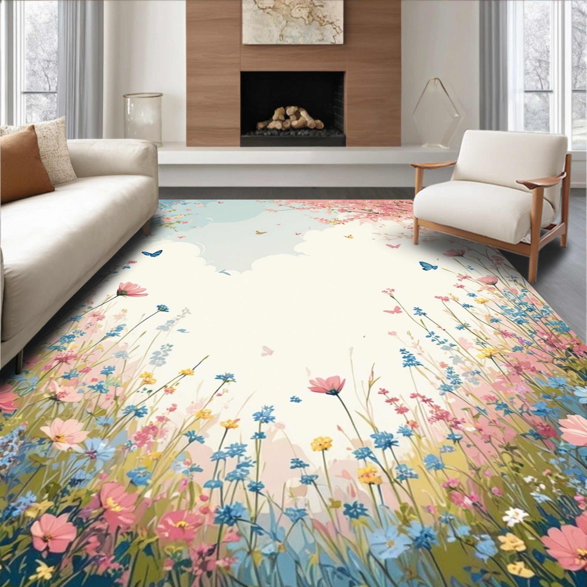 Whimsical Floral Meadow Butterflies Rug