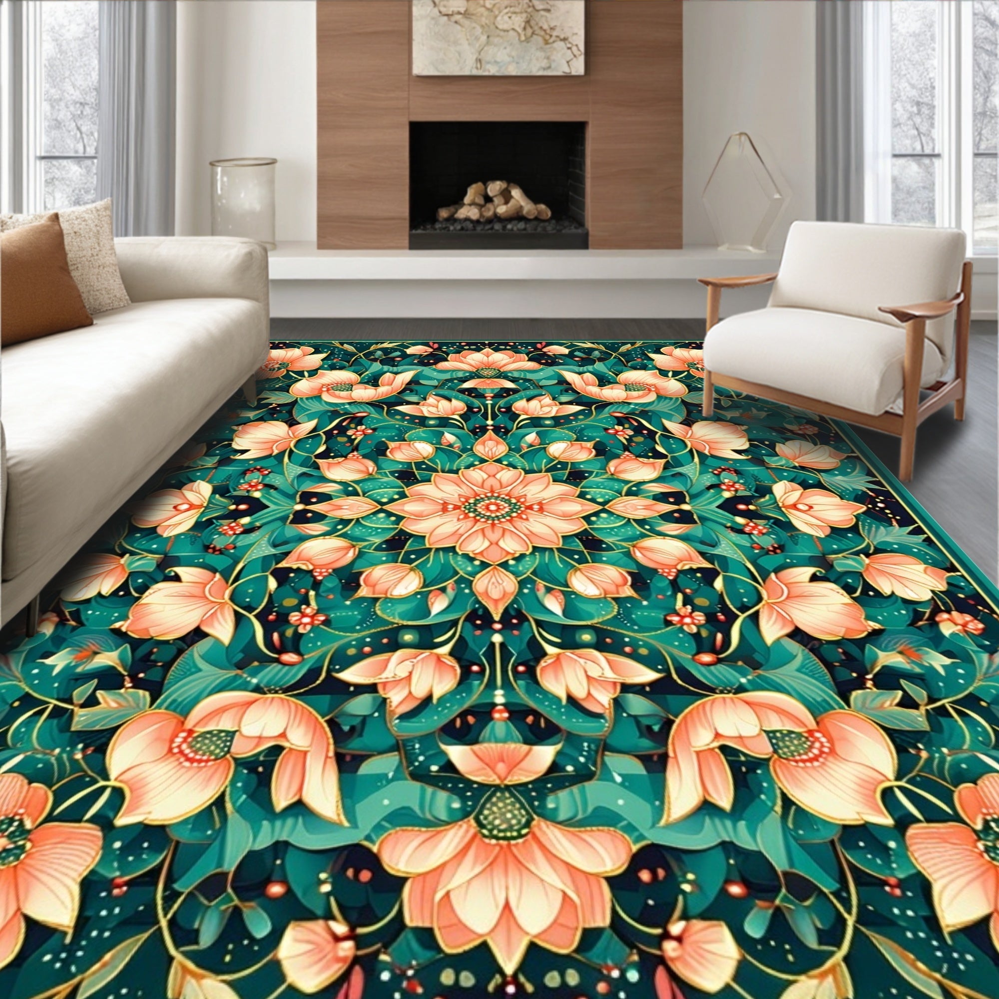 Floral Mandala Emerald Peach Design Rug