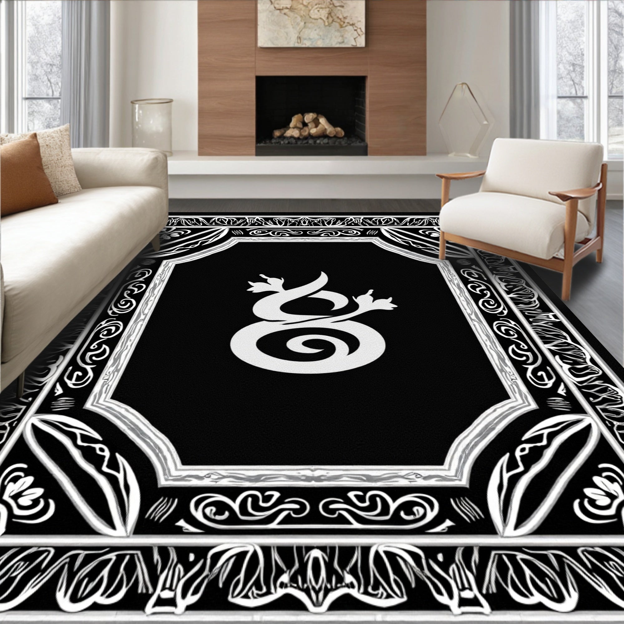 Monochrome Intricate Floral Border Rug