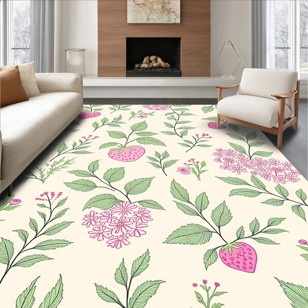 Whimsical Pink Strawberry Floral Leaf Pattern Rug