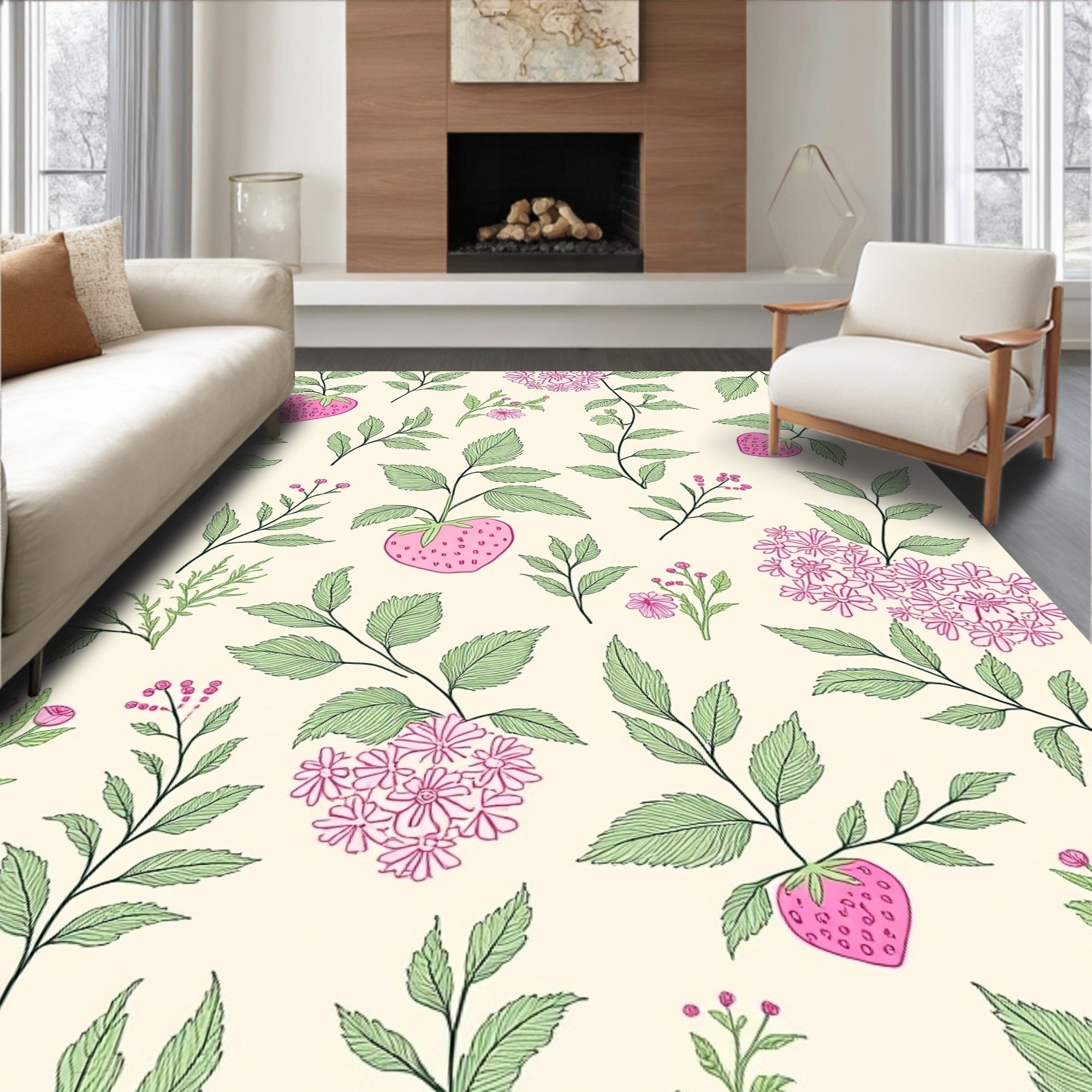 Whimsical Pink Strawberry Floral Leaf Pattern Rug