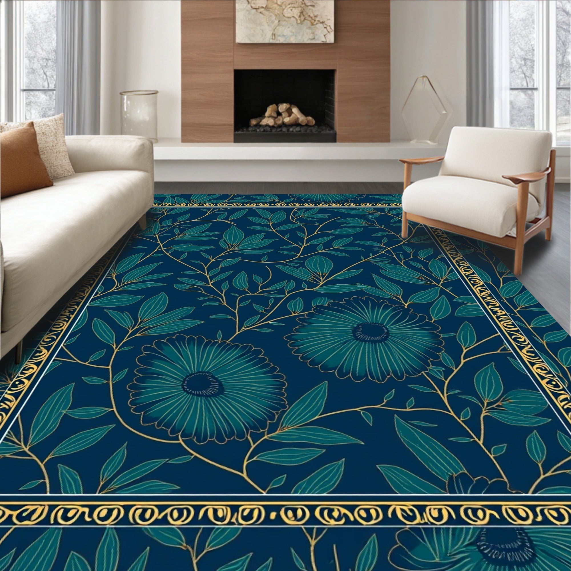 Deep Teal Floral Vine Bordered Rug