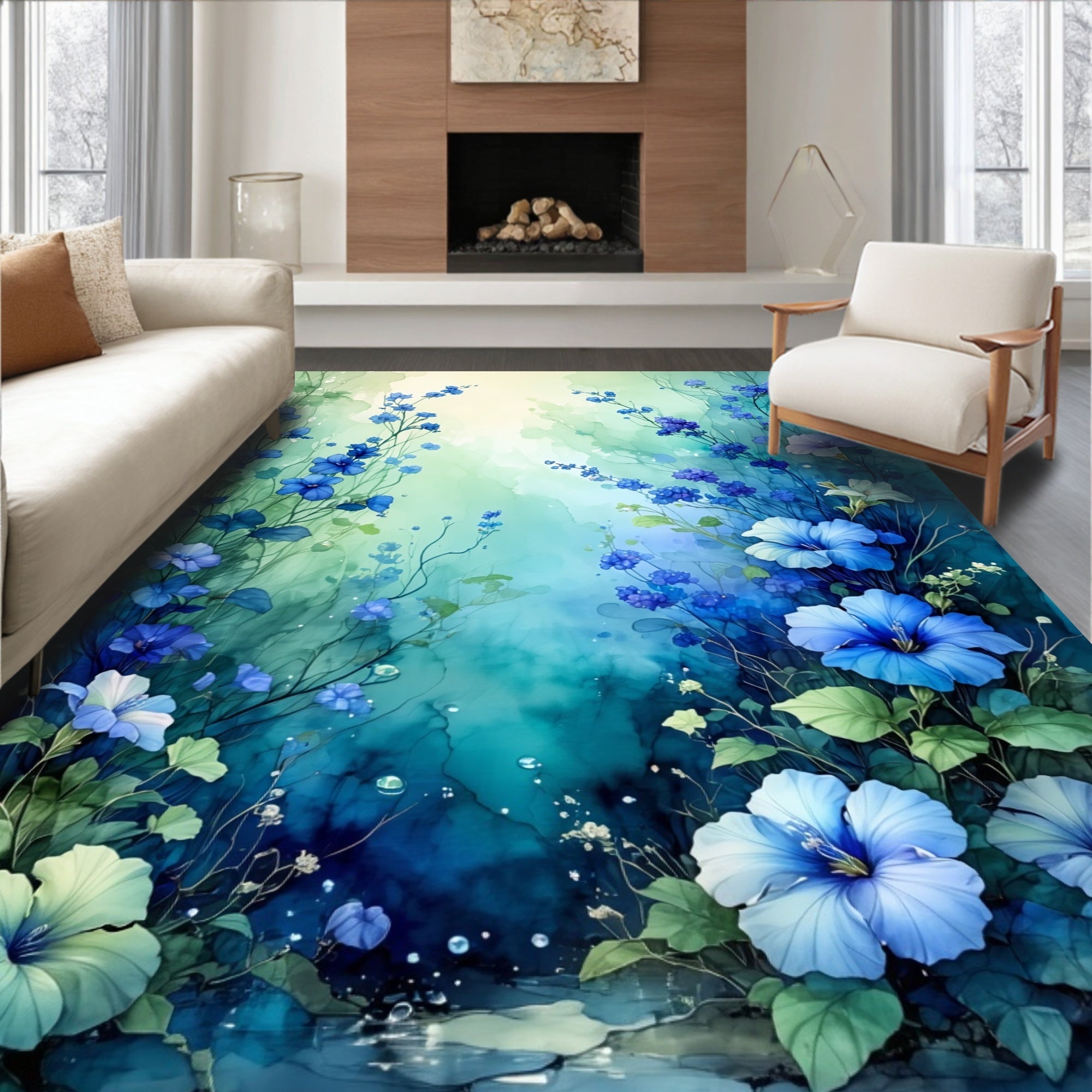 Lush Blue Floral Watercolor Style Rug