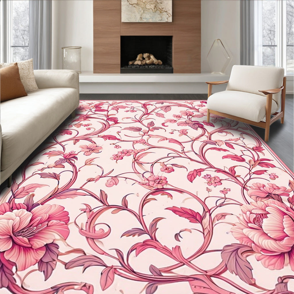Ornate Pink Floral Vine Pattern Rug