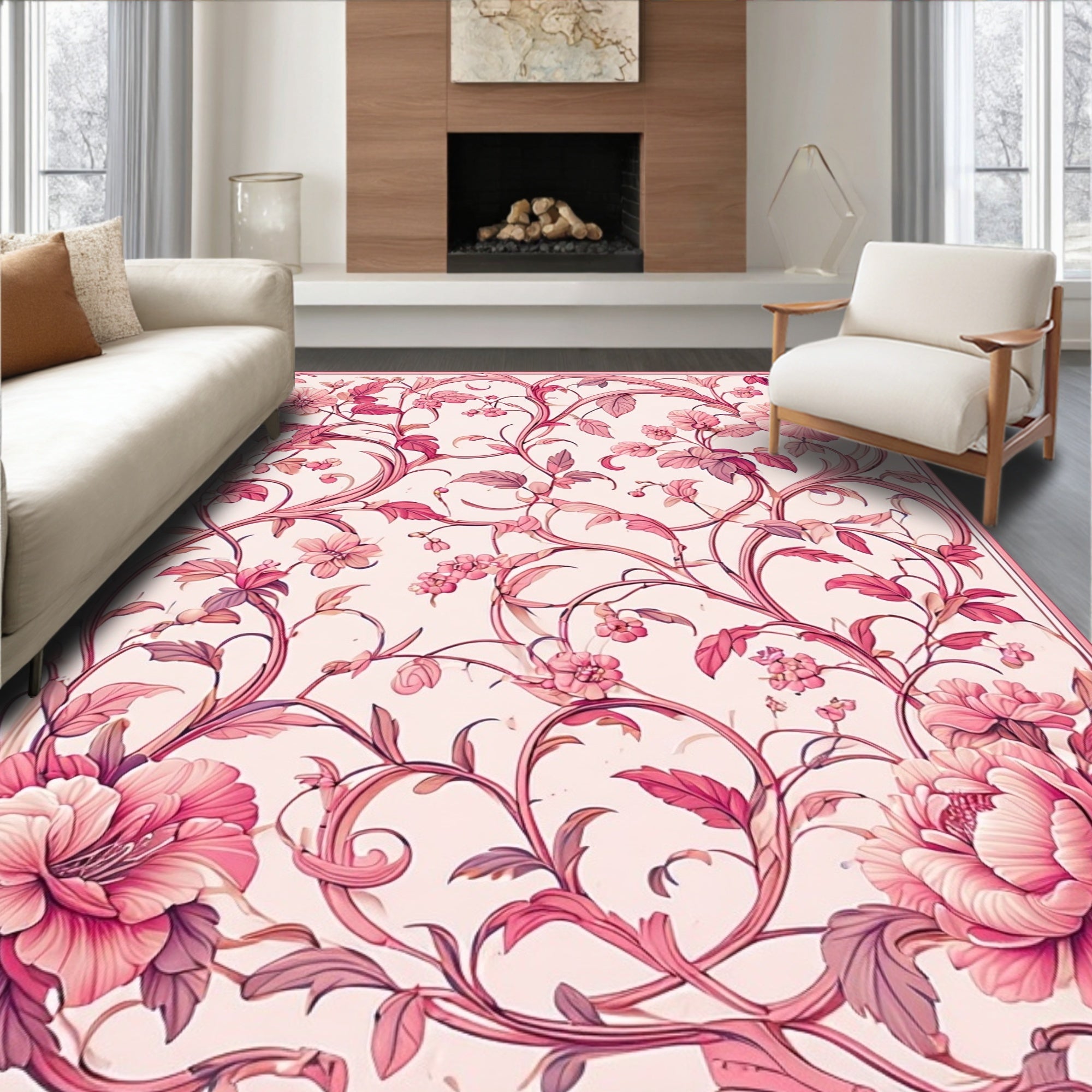 Ornate Pink Floral Vine Pattern Rug