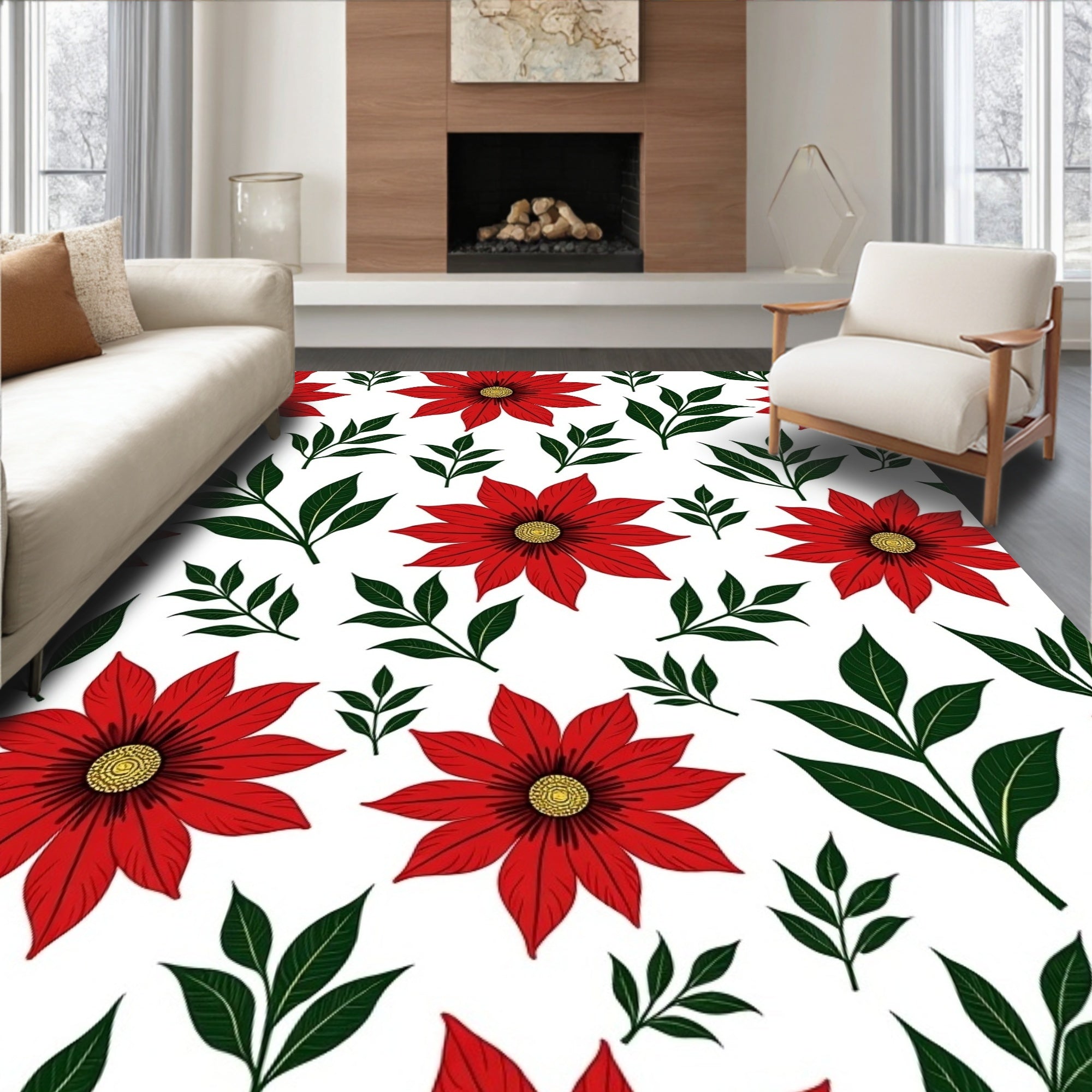 Crimson Red Floral Green Foliage Rug