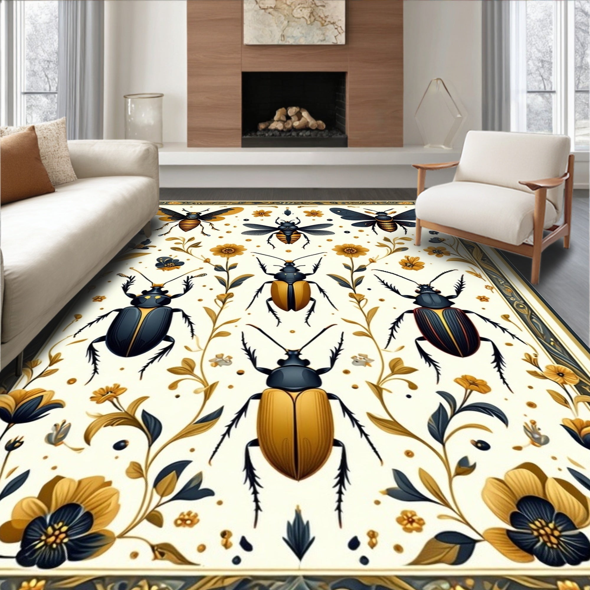 Entomology Art Nouveau Insect Floral Pattern Rug