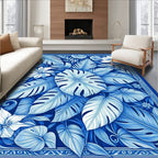 Blue Tropical Leaf Flower Pattern Rug