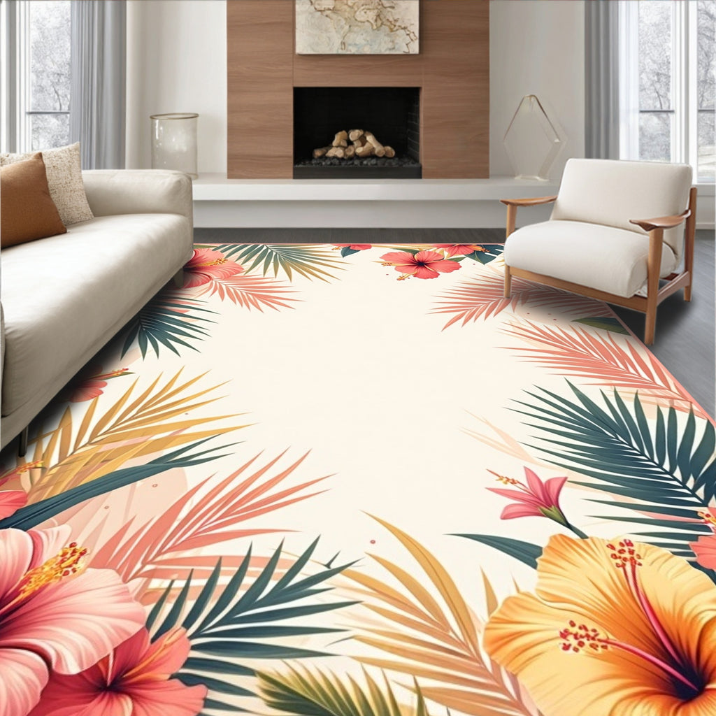 Tropical Hibiscus Palm Leaf Border Rug