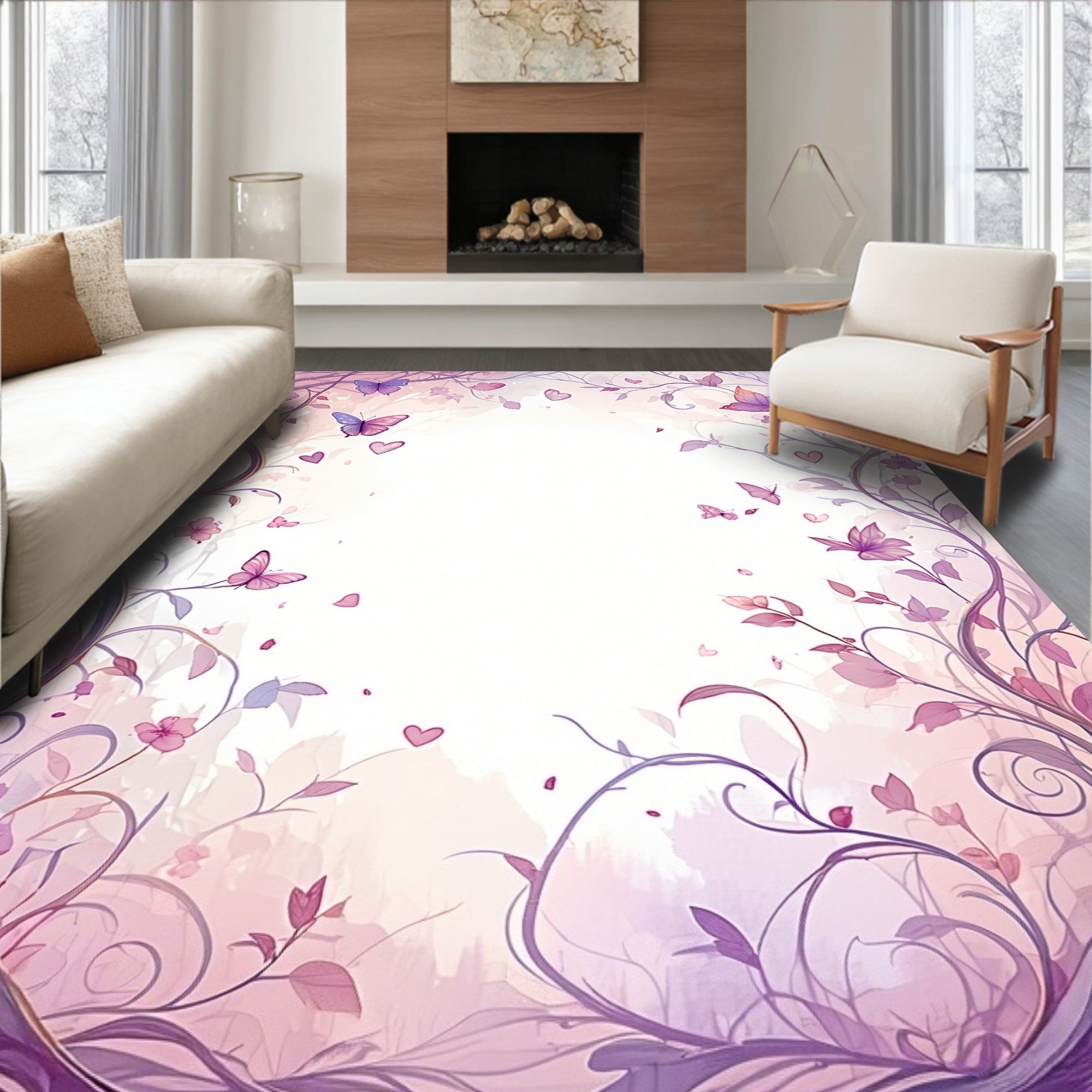Fantasy Floral Vine Butterfly Pattern Rug