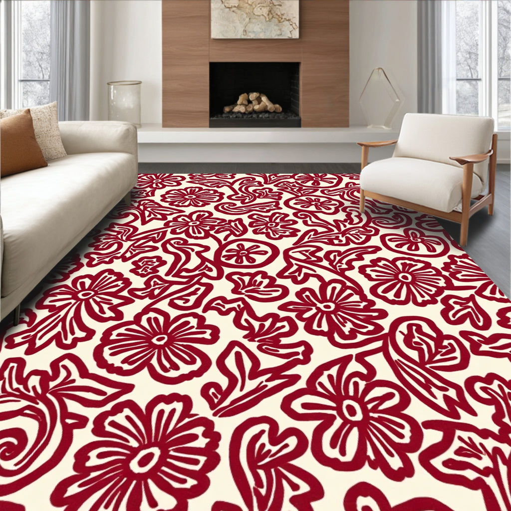 Ornate Red Floral Vine Pattern Rug