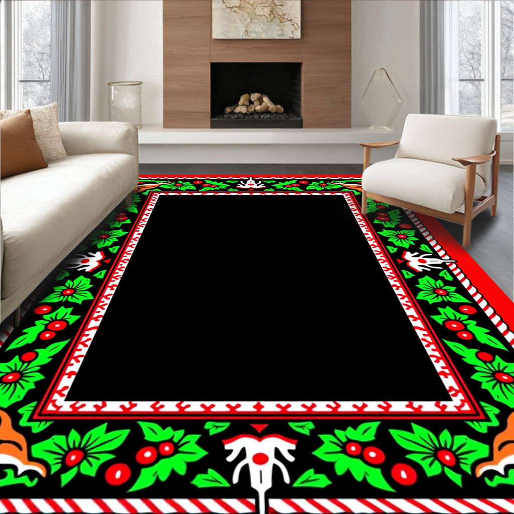 Vibrant Red Holly Folk Art Border Rug