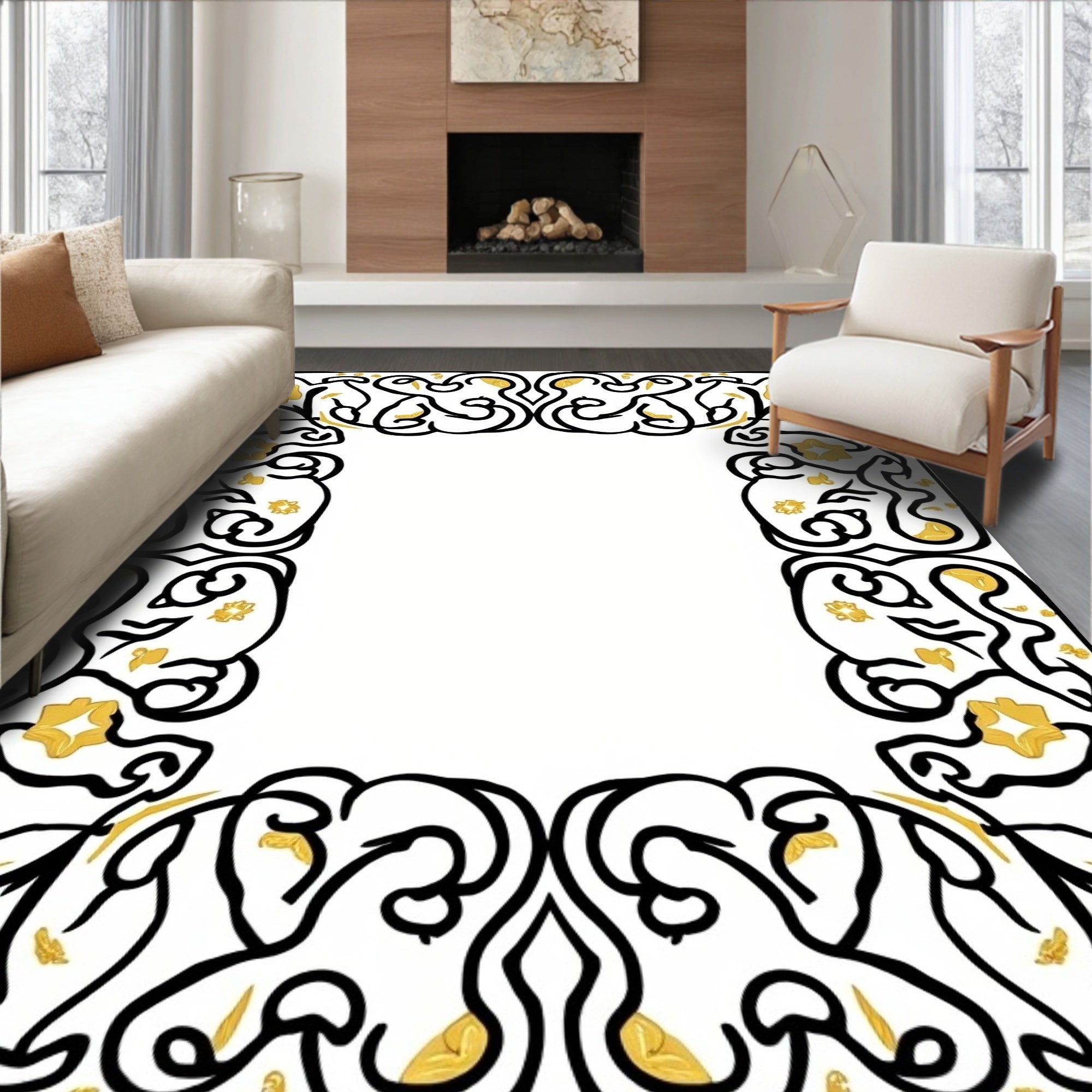 Elegant Black Gold Floral Scroll Rug