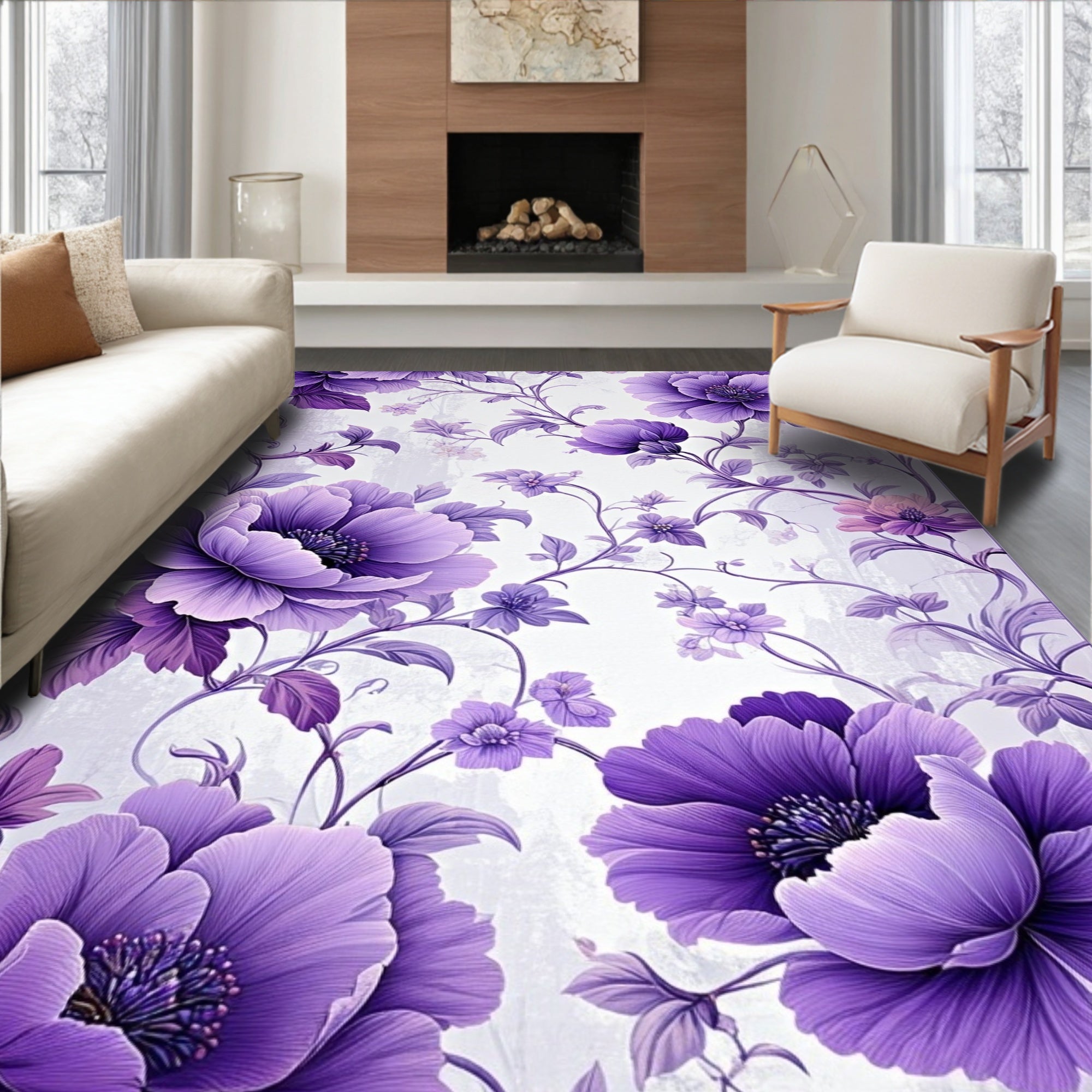 Elegant Purple Floral Vine Pattern Rug