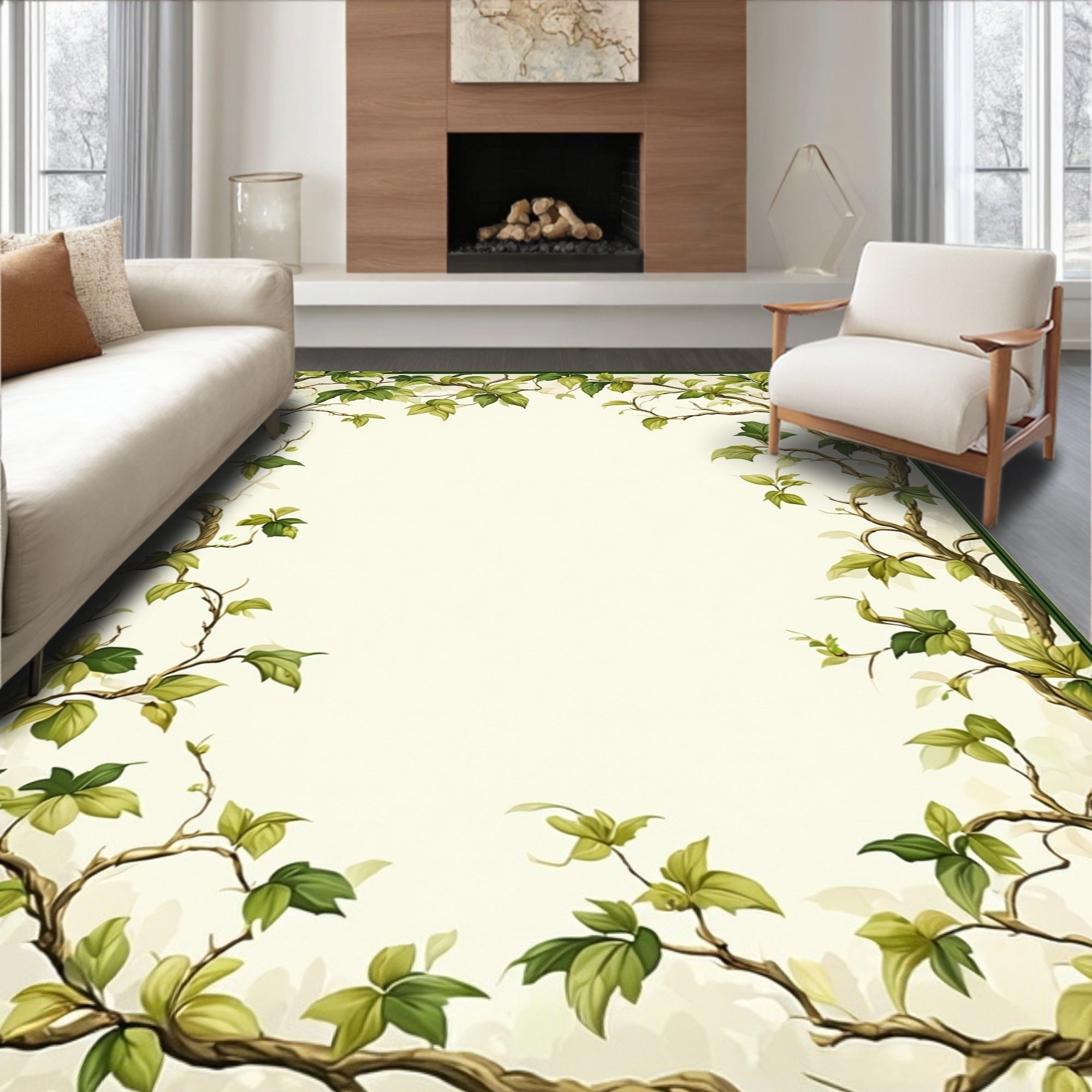 Vines And Green Leaves Botanical Pattern Rug