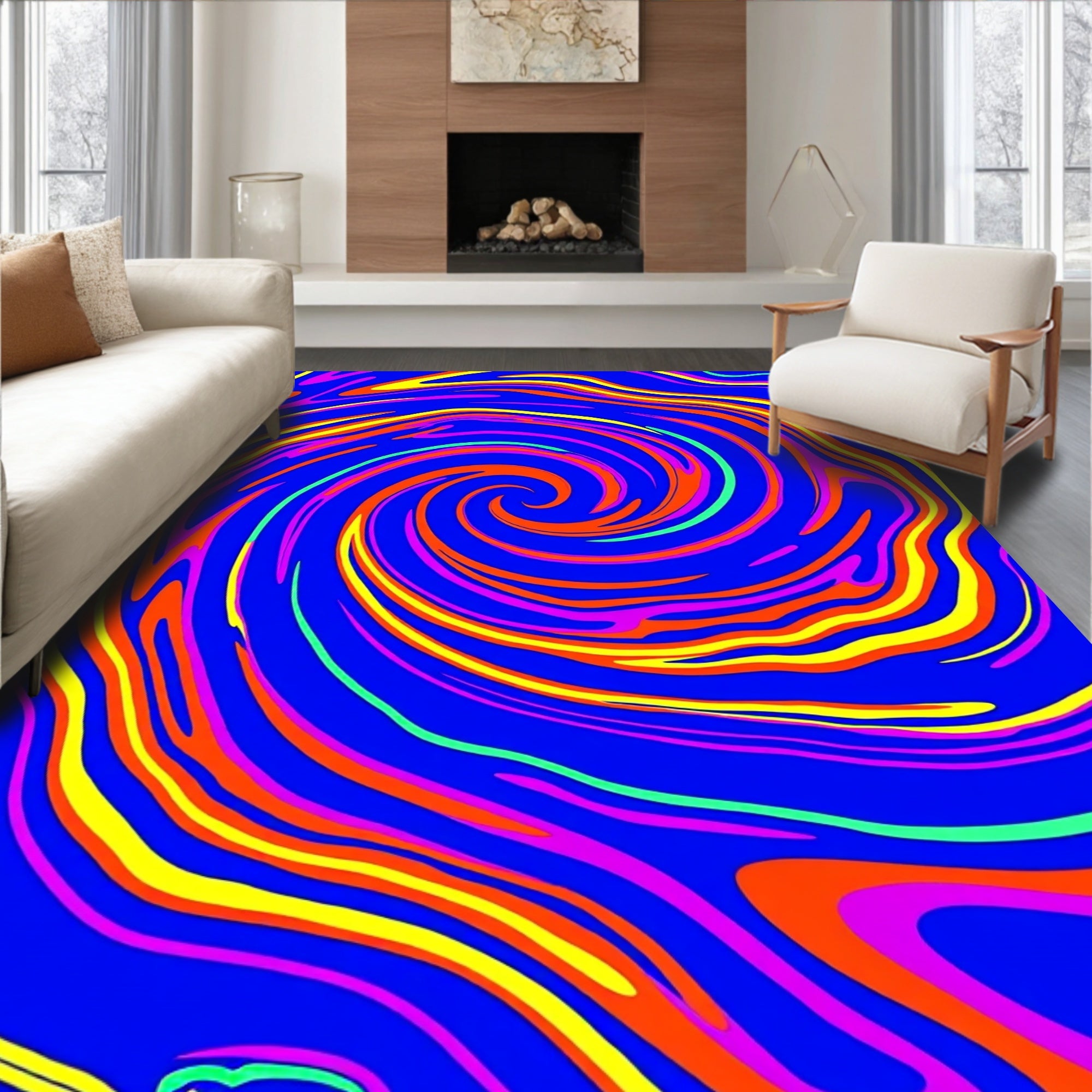 Vibrant Swirl Blue Rainbow Rug