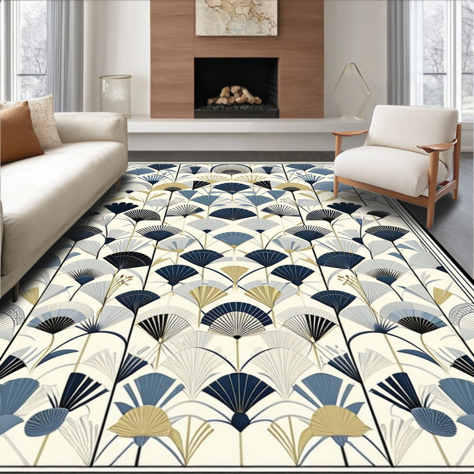 Art Deco Fan Floral Pattern Rug
