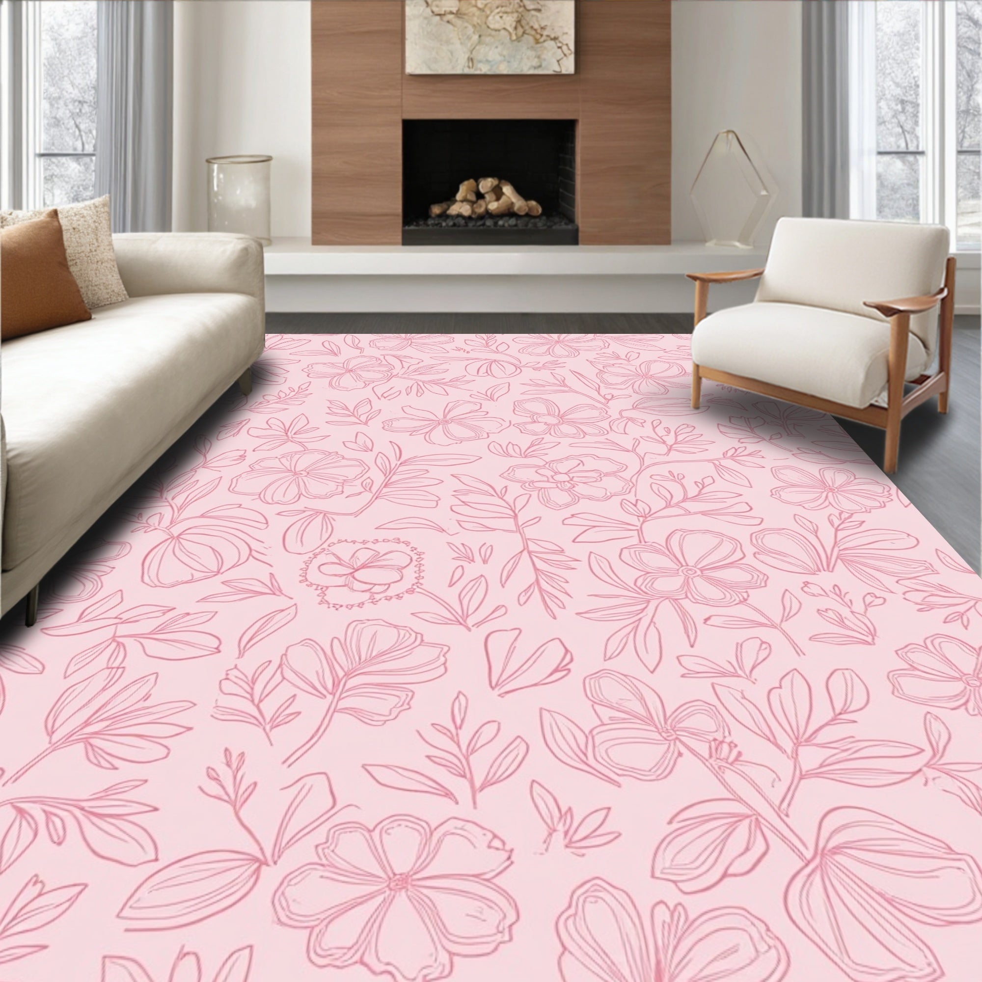 Pink Floral Sketch Surface Design Rug