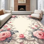 Elegant Pink Roses Floral Swirls Rug