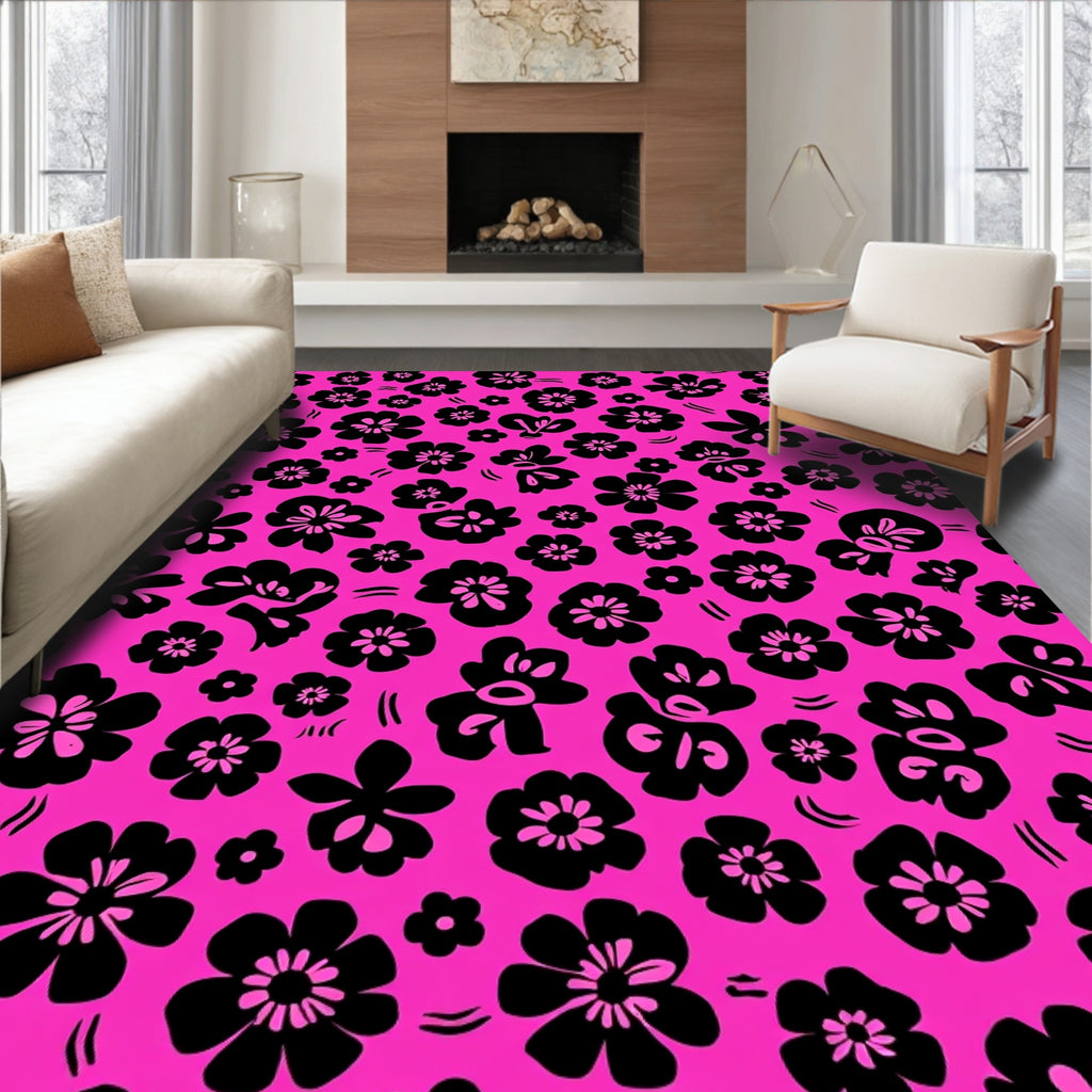 Bold Black Floral Print Rug