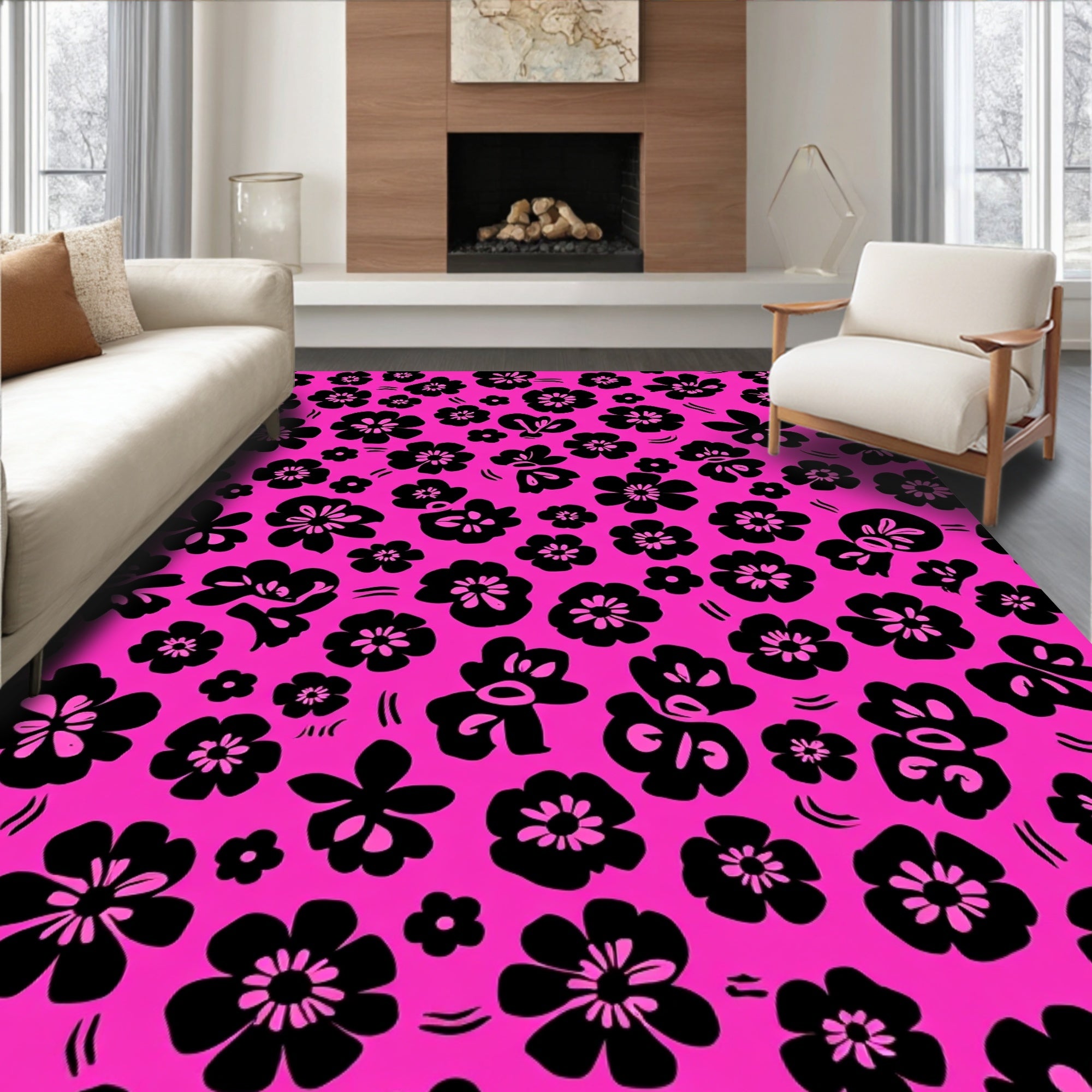 Bold Black Floral Print Rug