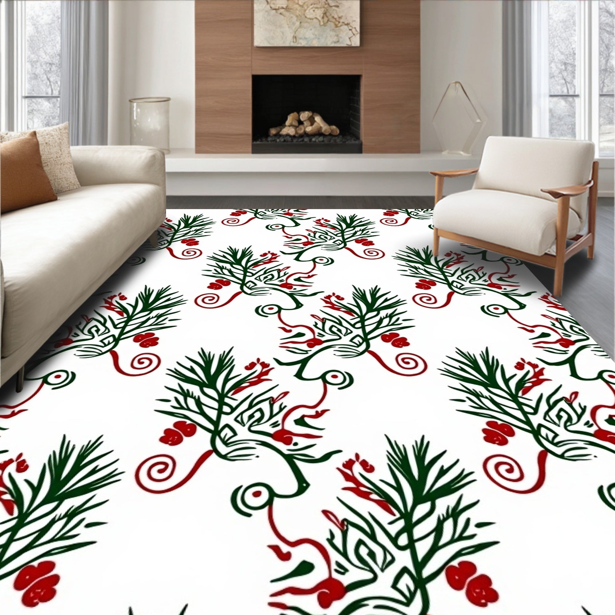Rustic Red Green Foliage Swirls Rug