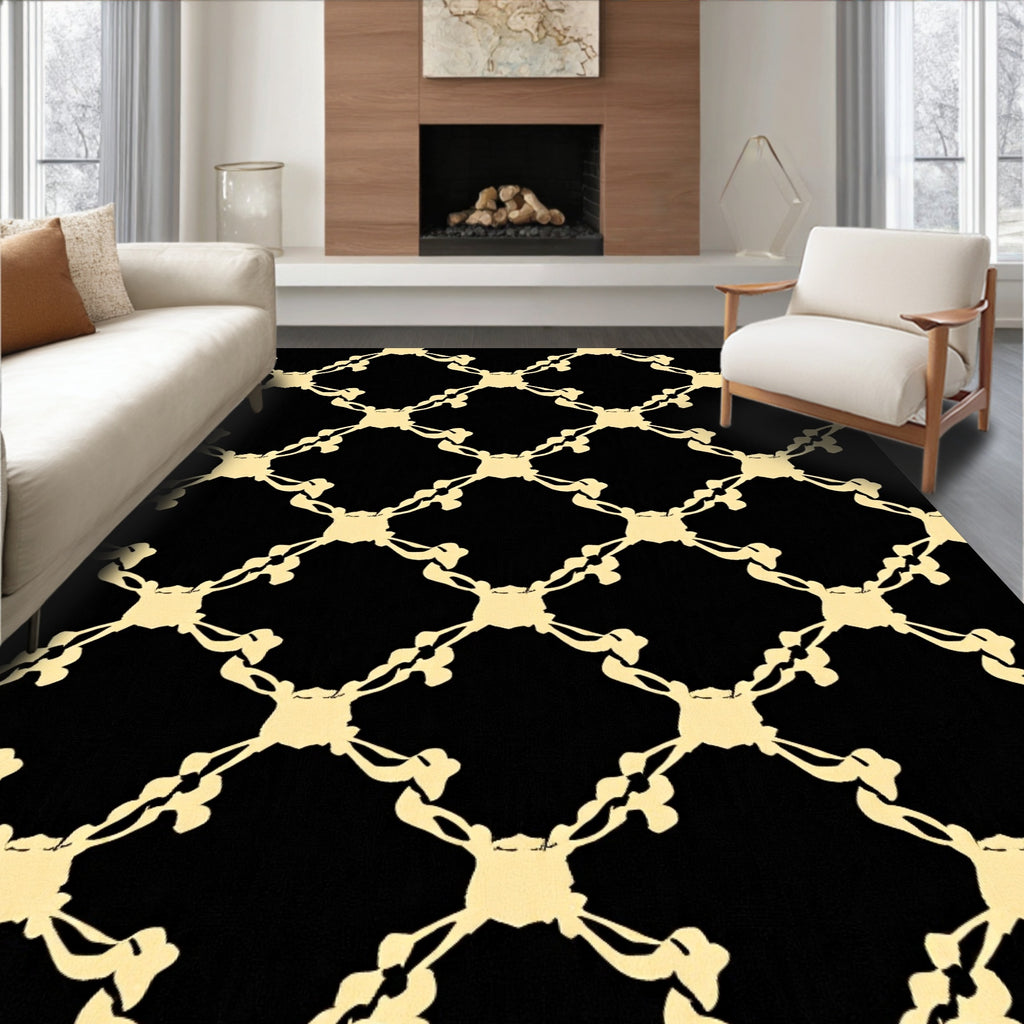 Abstract Black Gold Lattice Pattern Rug