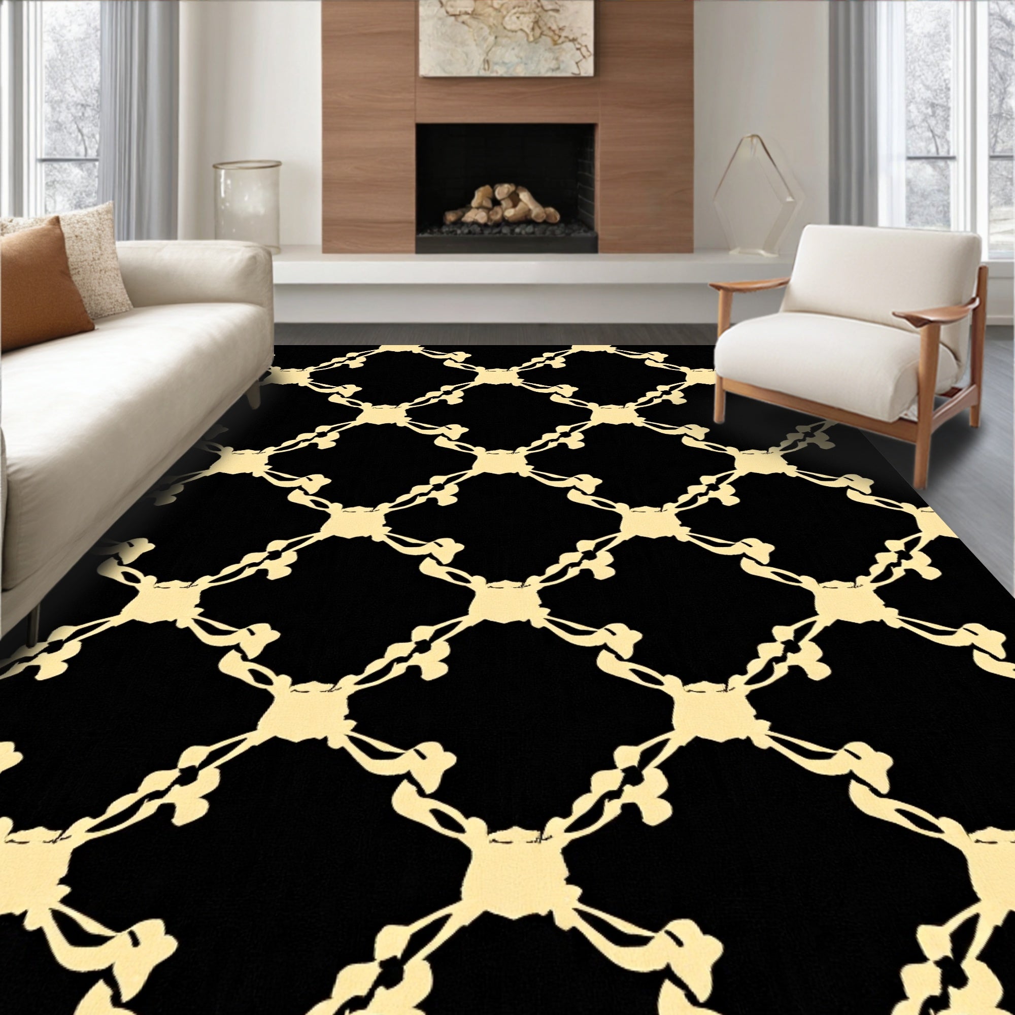Abstract Black Gold Lattice Pattern Rug