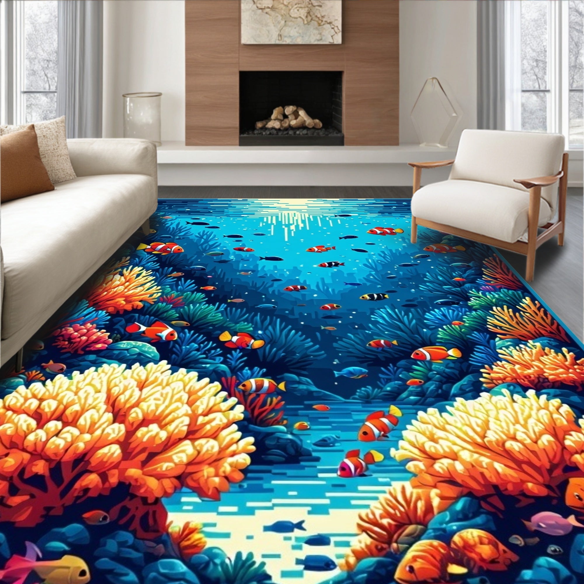 Vibrant Coral Reef Fish Pattern Rug