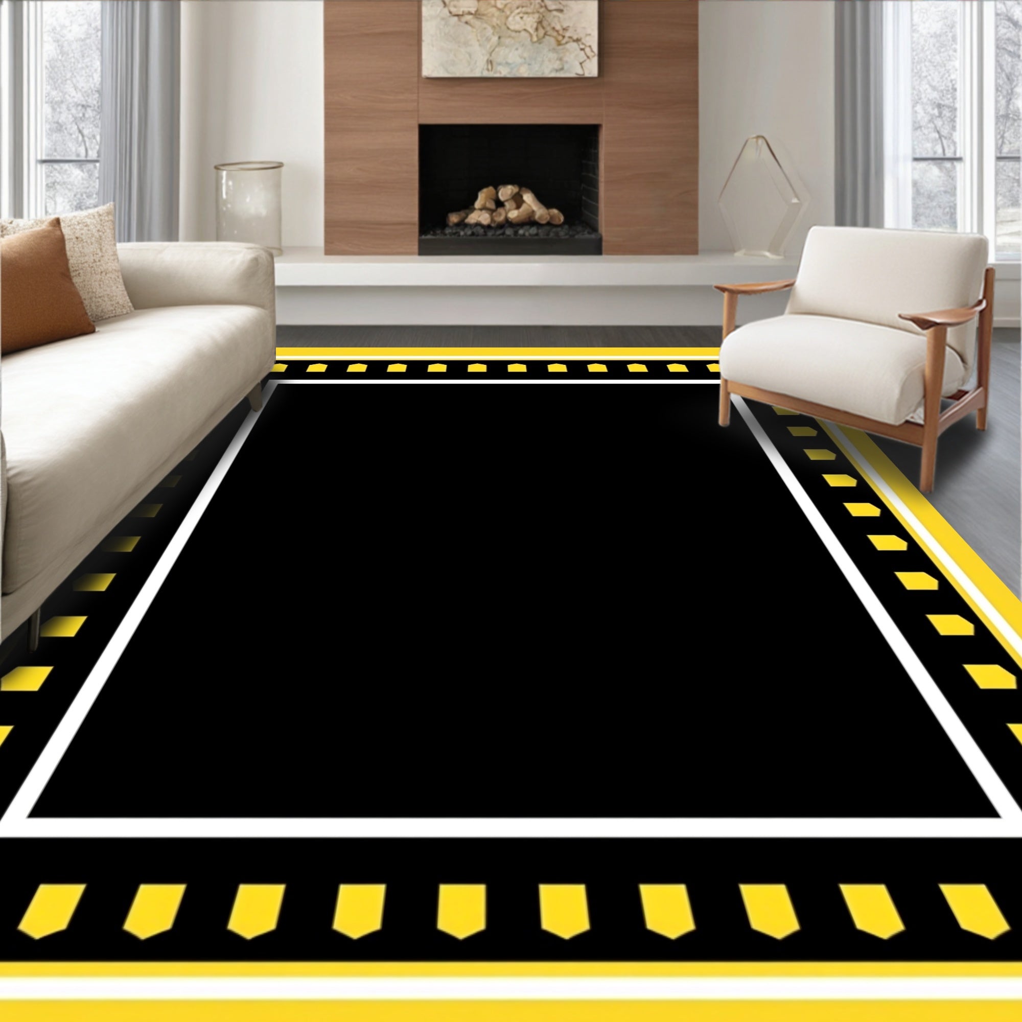 Bold Yellow Geometric Bordered Rug