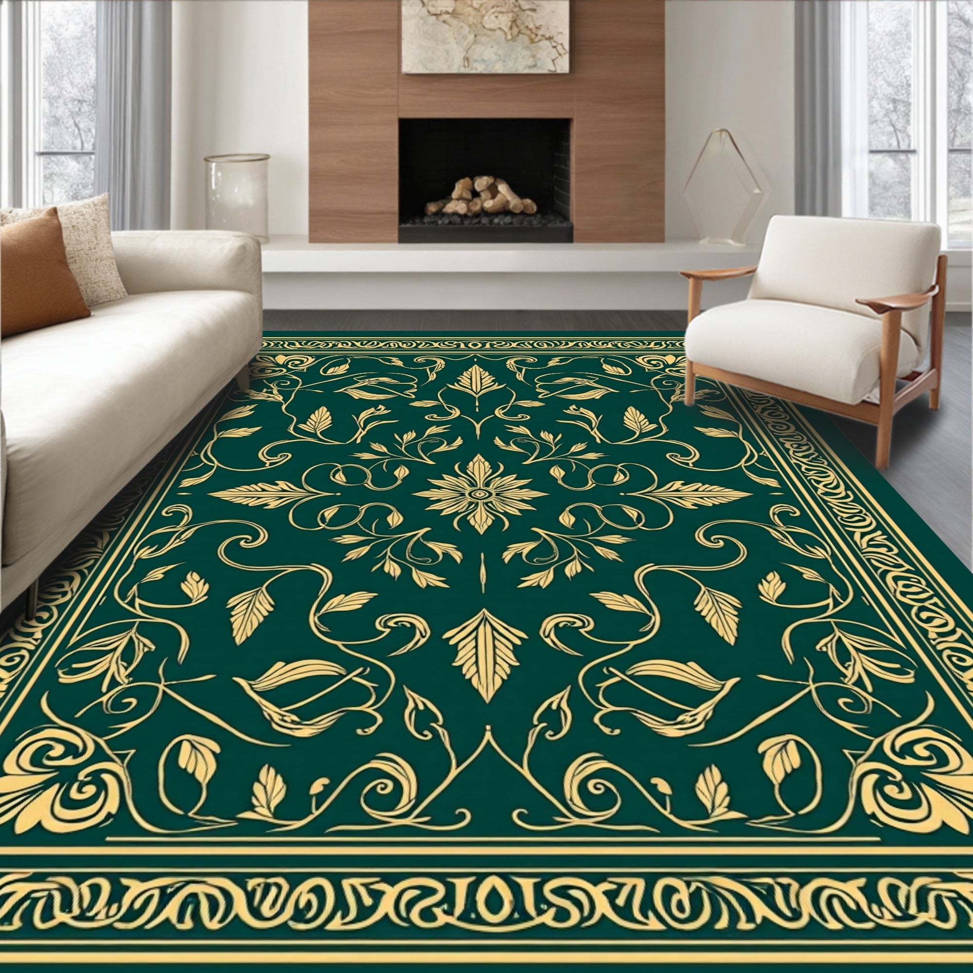 Elegant Golden Floral Vine Design Rug