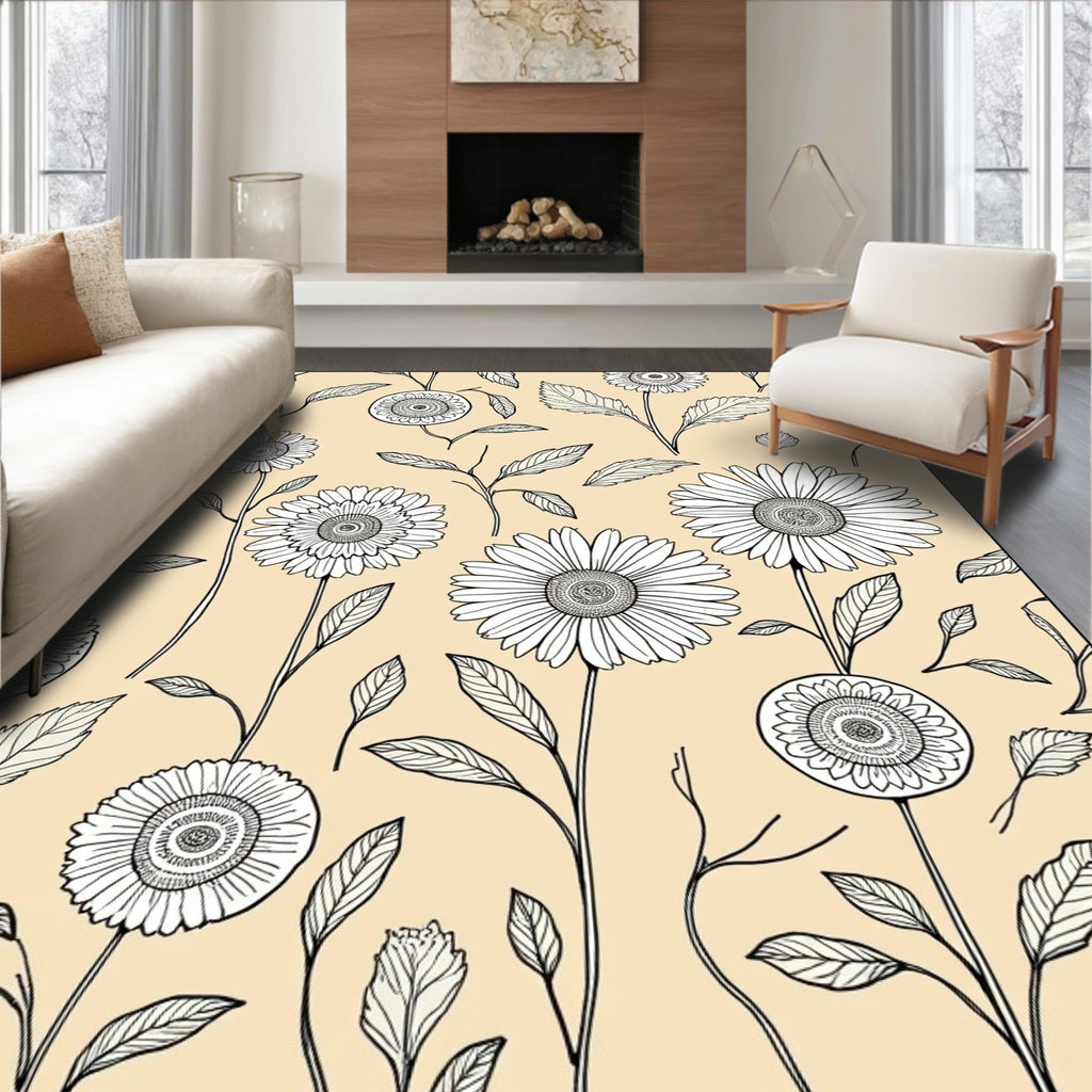 Outline Daisy Botanical Patterned Rug