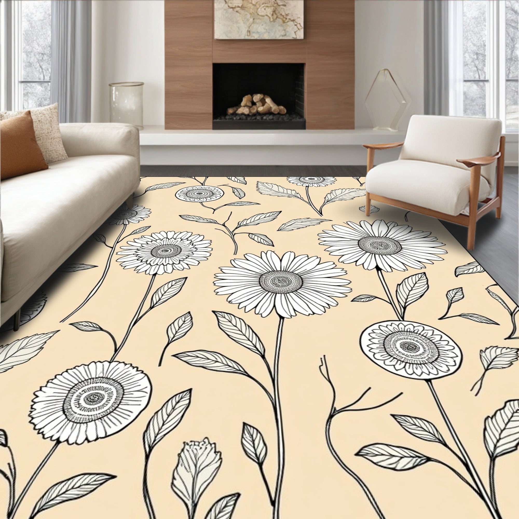 Outline Daisy Botanical Patterned Rug
