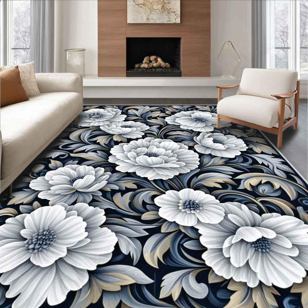 Opulent White Floral Scrollwork Rug