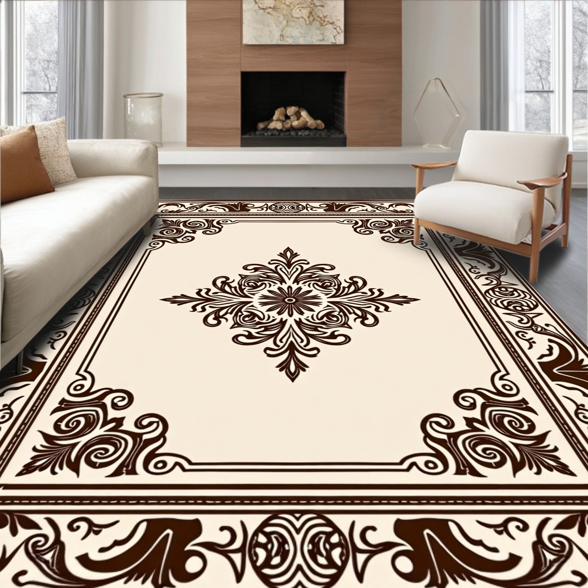 Ornate Floral Damask Scroll Pattern Rug