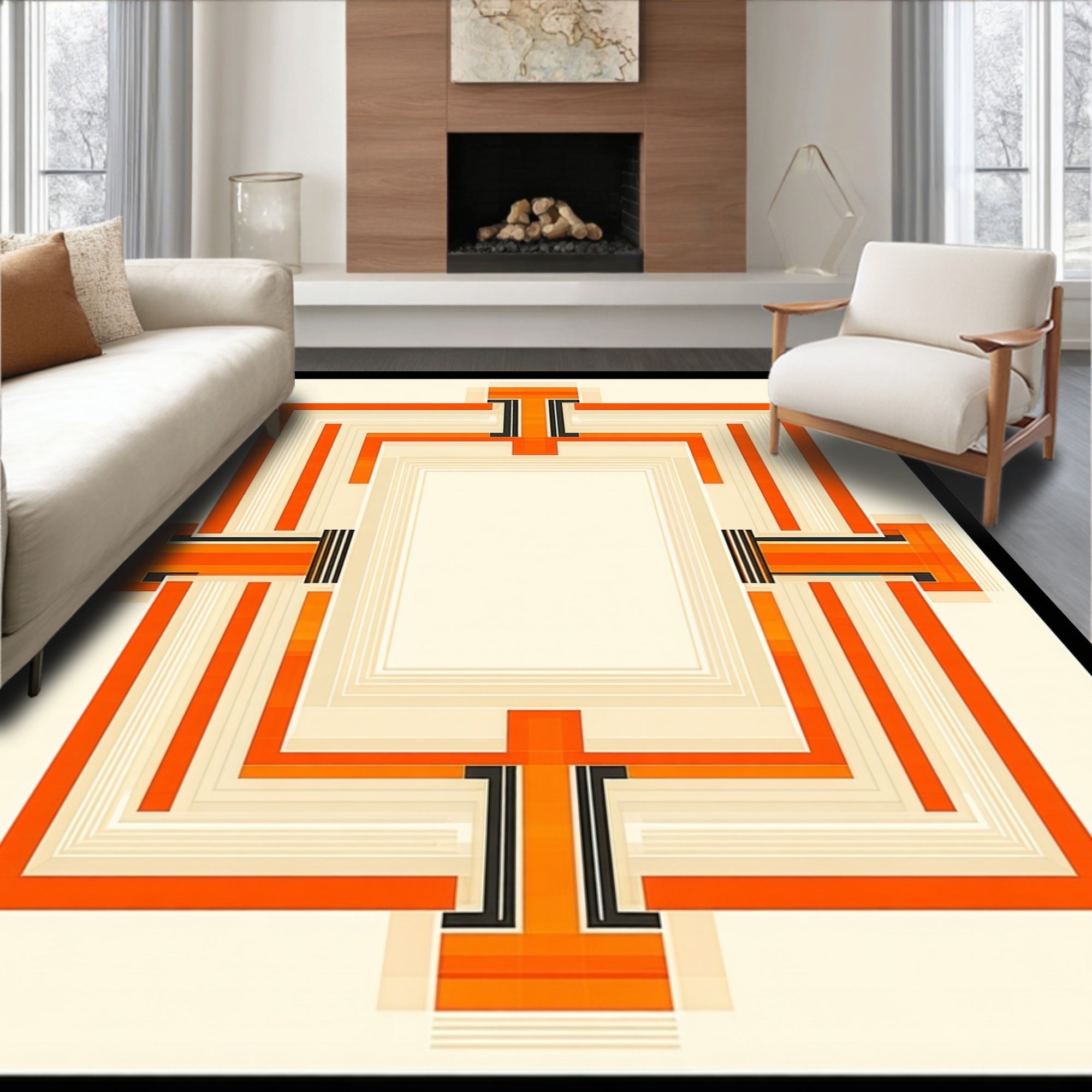 Modern Geometric Orange Deco Frame Rug