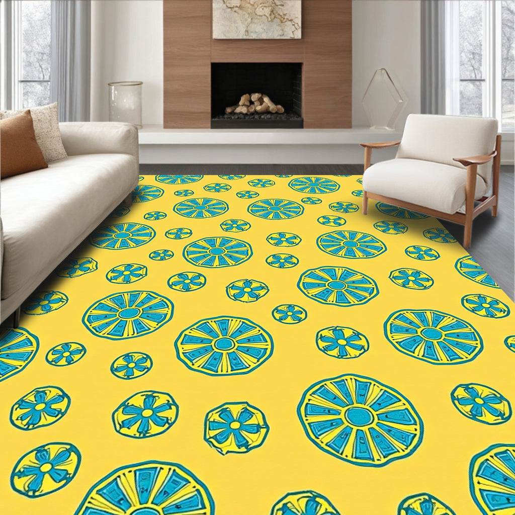 Fun Yellow Blue Round Pattern Rug