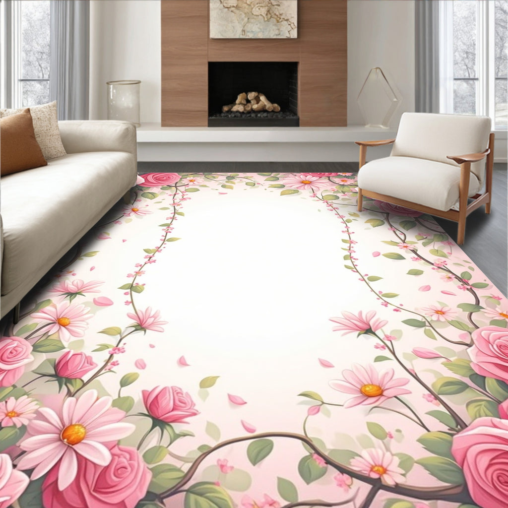 Whimsical Pink Floral Vine Arrangement Rug