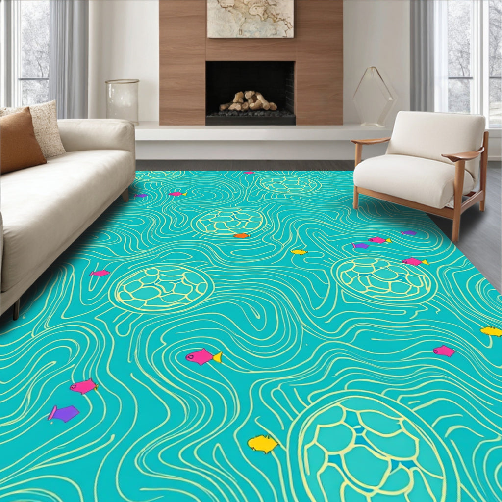 Whimsical Fish and Turtle Pattern Rug