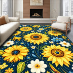 Bright Yellow Sunflowers Blue Floral Print Rug